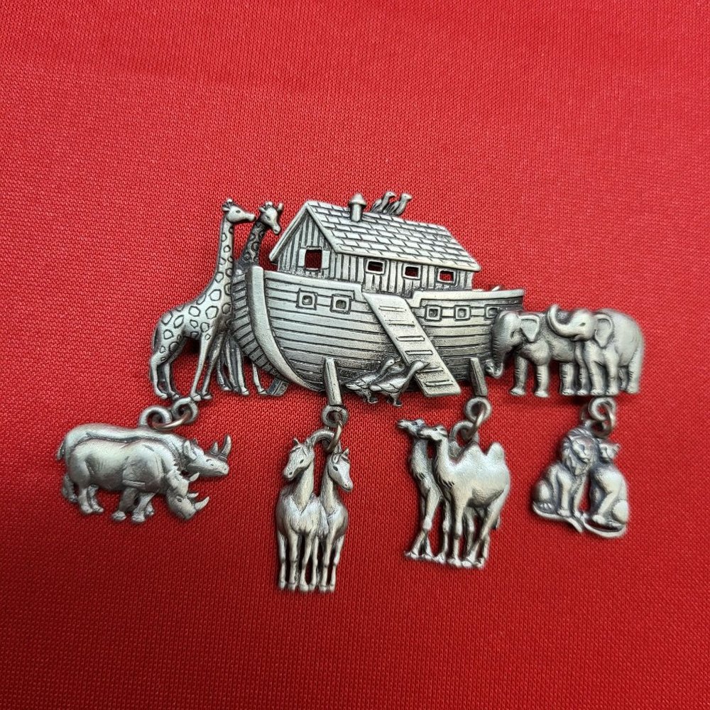 Vintage JJ Signed Brooch Pin Pewter Noahs Ark Dangling Animals Pairs Charms